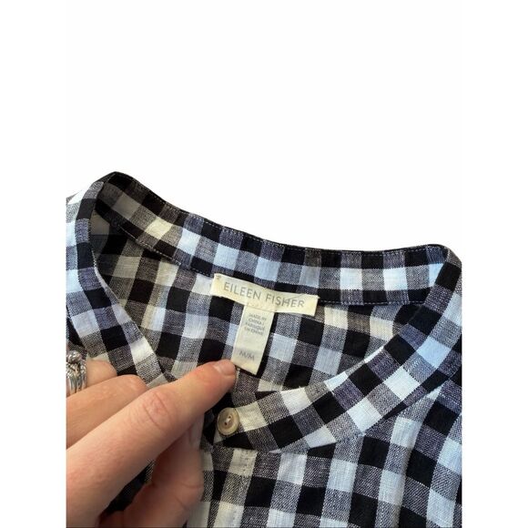 Eileen Fisher Mandarin Collar Linen Gingham Tunic Top size Medium Sleeveless Che - Picture 4 of 8